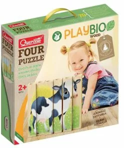 Quercetti - PlayBio Wood: Four Puzzle Farm Animals Wooden Blocks